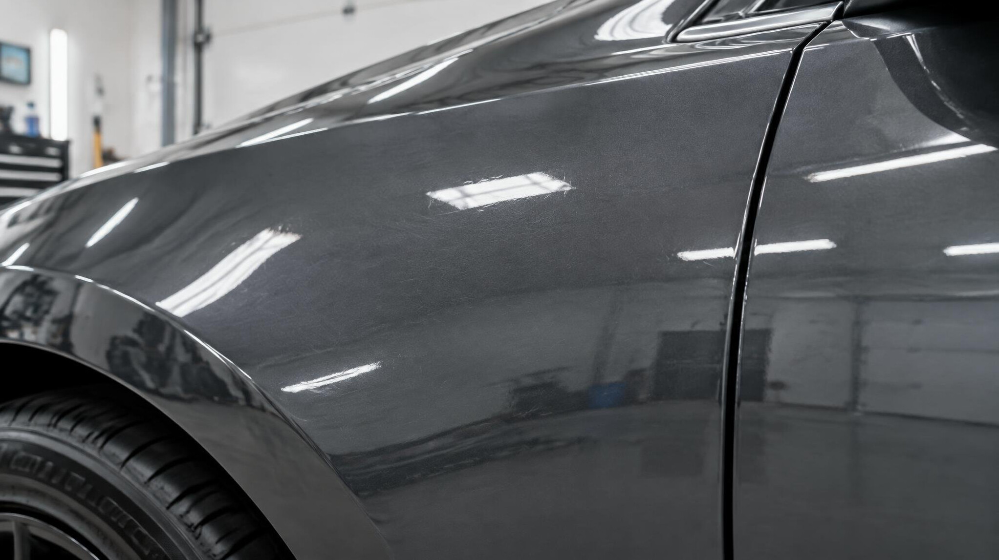 Close-up of a glossy car body panel with reflections being inspected for scratches