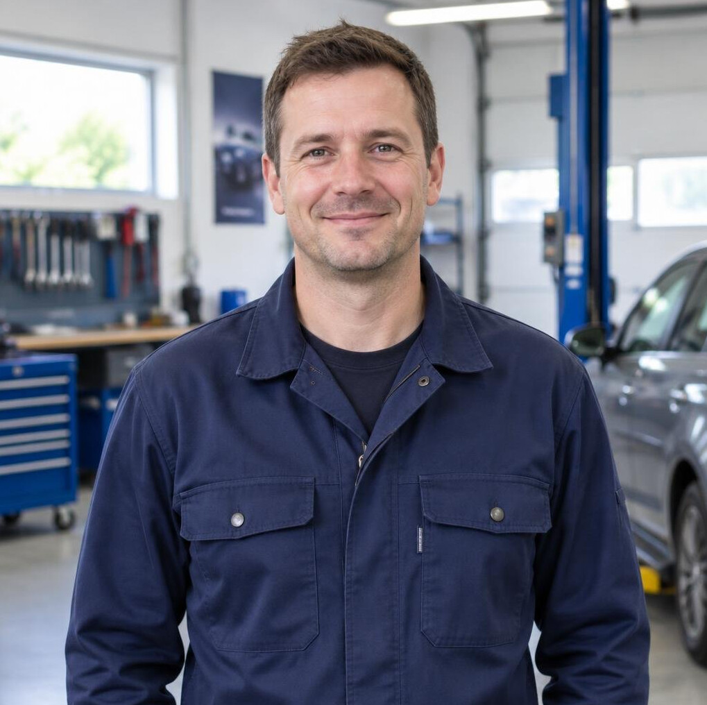 Portrait of a smiling man in a dark workshop jacket